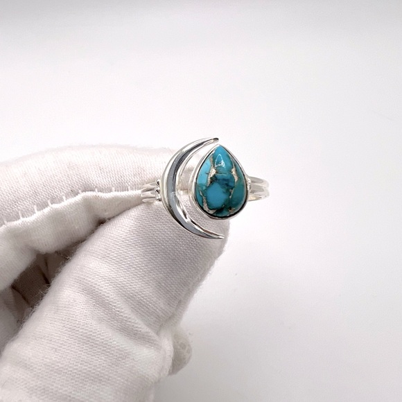 Genuine Copper Turquoise .925 Sterling Silver Moon Teardrop Ring - Picture 7 of 15